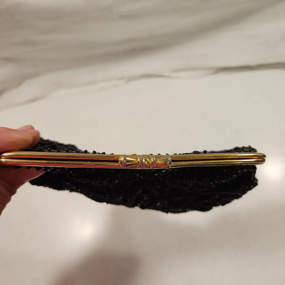 Vintage Black Beaded & Sequin  Gold Trim Small Clutch Purse-party- wedding